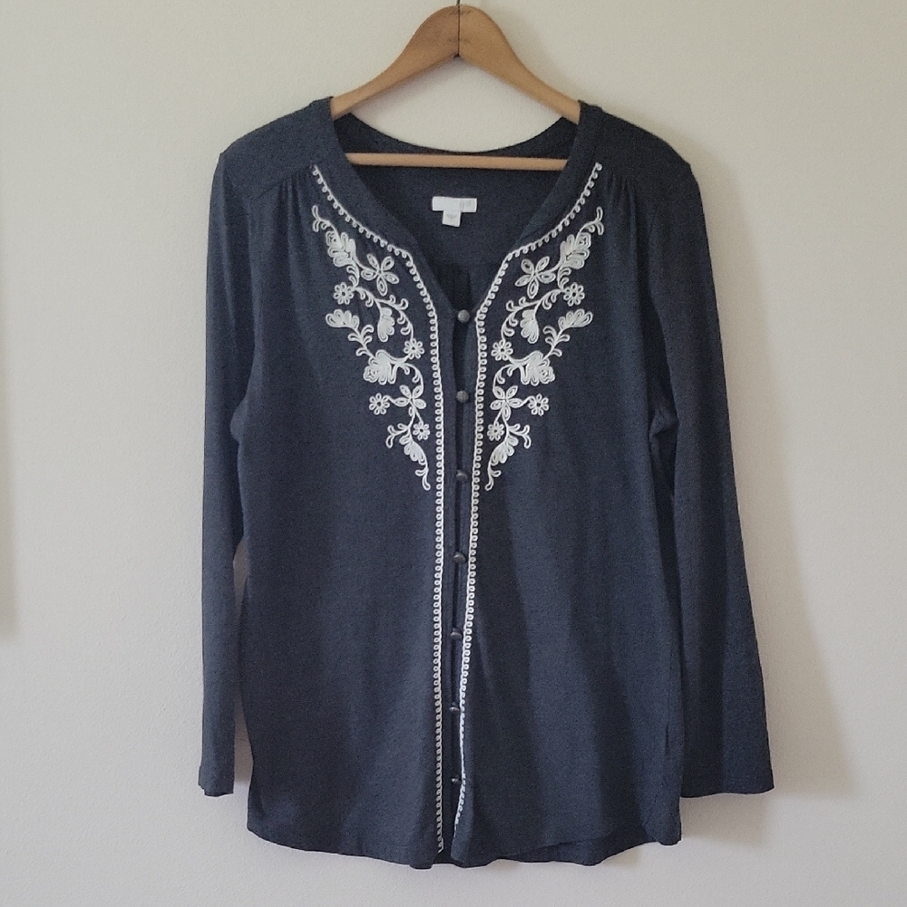 J. Jill Grey Embroidered Button Down Long Sleeve Shirt Size Large